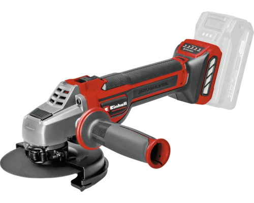 Einhell Akkumulator-Winkelschleifer Professional in Rot und Schwarz mit bürstenlosem Motor, Zusatzhandgriff und Schutzhaube.