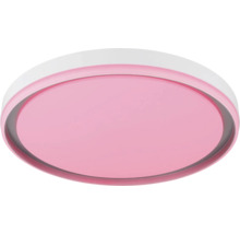 Runde LED-Deckenleuchte mit weißem Rahmen und rosa leuchtender Fläche.