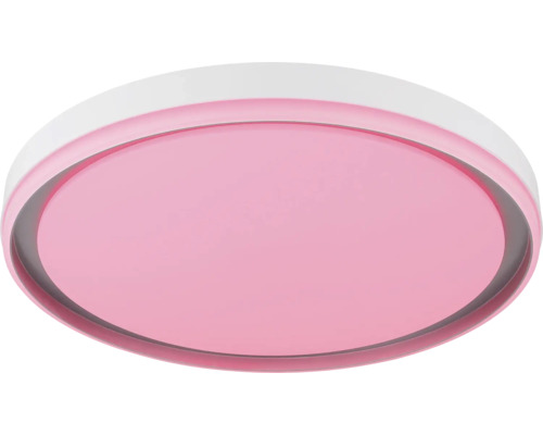 Runde LED-Deckenleuchte mit weißem Rahmen und rosa leuchtender Fläche.