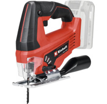 Einhell Akku-Stichsäge mit Bügelgriff, Sägeblatt, transparentem Splitterschutz und Staubabsaugadapter.