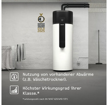 Stiebel Eltron Brauchwasserwärmepumpe im hellen Hauswirtschaftsraum mit Wäscheständer, nutzt Abwärme effizient. German Design Award Gold 2025.