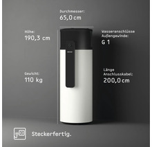 Stiebel Eltron Logo auf Warmwasser-Wärmepumpe. Höhe 190,3 Zentimeter, Durchmesser 65,0 Zentimeter, Gewicht 110 Kilogramm. Steckerfertig.