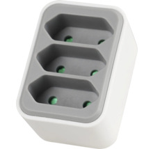 Dreifach-Steckdosenadapter für Eurostecker aus Kunststoff in Weiß und Grau.