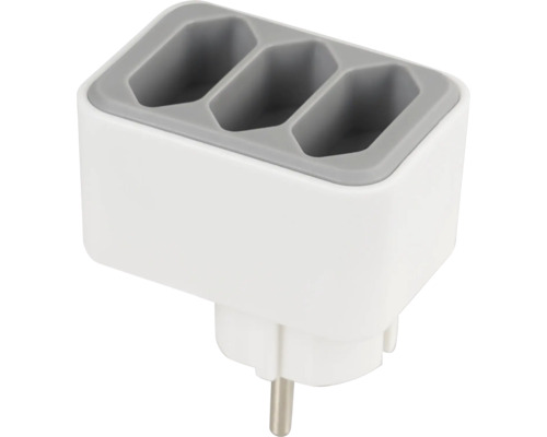 Dreifach-Steckdosenadapter für Eurostecker aus Kunststoff in Weiß und Grau.