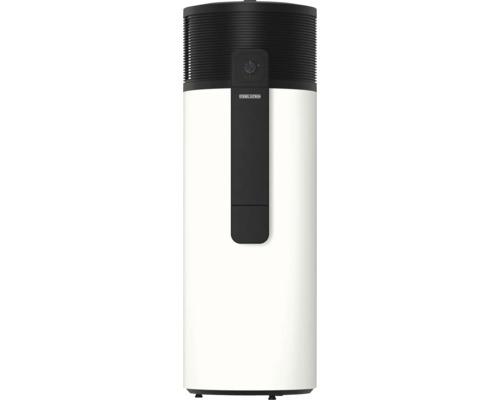 Stiebel Eltron Brauchwasser-Wärmepumpe mit weißem Gehäuse, schwarzem Oberteil und Drehrad zur Temperaturregelung.