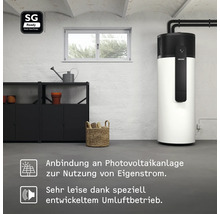 Warmwasser-Wärmepumpe in hellem Keller mit SG Ready Siegel, Hinweisen zu Photovoltaik-Anbindung und leisem Betrieb.