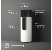 Stiebel Eltron Wärmepumpen-Warmwasserspeicher mit Höhe 190,3 Zentimeter, Durchmesser 65 Zentimeter, Gewicht 110 Kilogramm und steckerfertig.