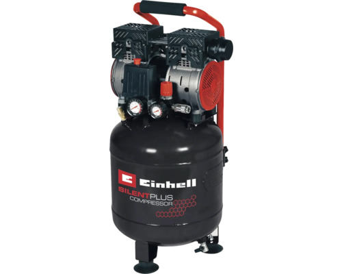 Kompressor Einhell TE-AC 24 Silent 750 W, 8 bar, 230 V Einhell Kompressor Silent Plus mit stehendem schwarzem Tank, zwei Manometern und rotem Tragegriff.