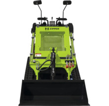 Zipper Mini-Raupendumper mit Frontschaufel, Kettenantrieb und hydraulischem System.