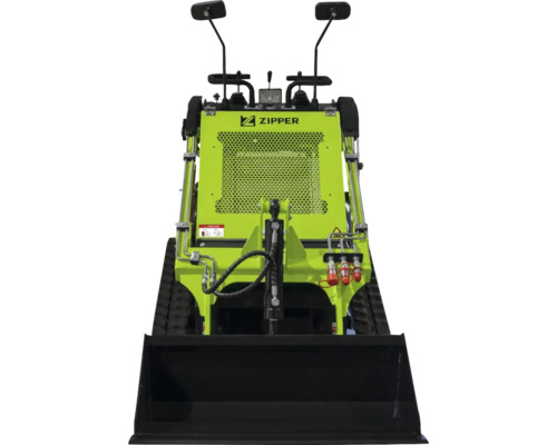 Zipper Mini-Raupendumper mit Frontschaufel, Kettenantrieb und hydraulischem System.
