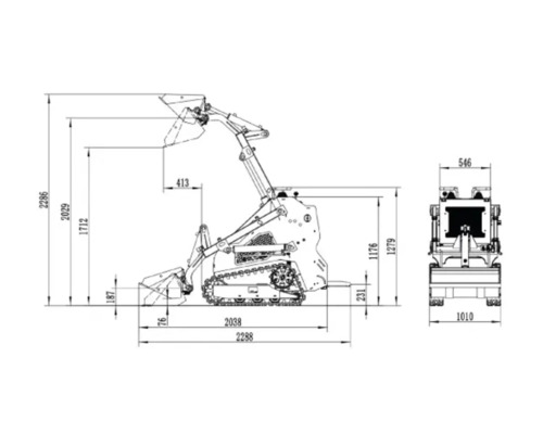 Technische Zeichnung eines Kompaktladers mit Kettenlaufwerk und detaillierten Maßangaben in Millimetern für Höhe, Länge und Breite.