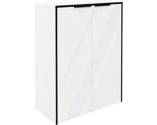 Weißer Hängeschrank mit zwei Türen, schwarzen Griffen und schwarzen Außenkanten.