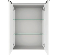 Geöffneter Spiegelschrank mit zwei Glaseinlegeböden und Metallscharnieren.