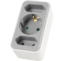 Dreifachsteckdose mit Schutzkontakt-Steckdose, zwei Euro-Steckdosen und Kindersicherung, maximal 3680 Watt, Kunststoff, weiß und grau.