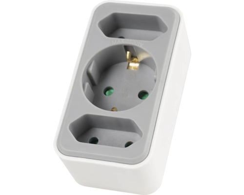 Dreifachsteckdose mit Schutzkontakt-Steckdose, zwei Euro-Steckdosen und Kindersicherung, maximal 3680 Watt, Kunststoff, weiß und grau.
