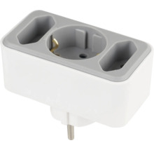 Dreifachstecker mit einer Schuko Steckdose und zwei Euro Steckdosen in Weiß und Grau.