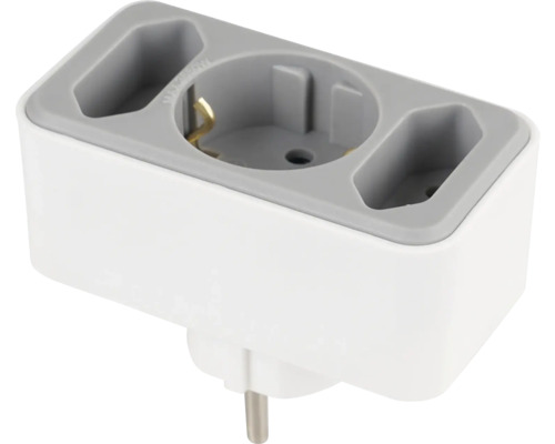 Dreifachstecker mit einer Schuko Steckdose und zwei Euro Steckdosen in Weiß und Grau.