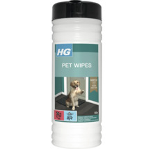 HG Pet Wipes, 50 Pflegetücher für Pfoten und Fell. Weißer Kunststoffbehälter mit schwarzem Deckel und Abbildung eines Hundes. Enthält Kunststoff.