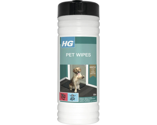 HG Pet Wipes, 50 Pflegetücher für Pfoten und Fell. Weißer Kunststoffbehälter mit schwarzem Deckel und Abbildung eines Hundes. Enthält Kunststoff.