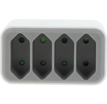 4-fach Steckdosenadapter, Typ J, grau und weiß, kompakt.