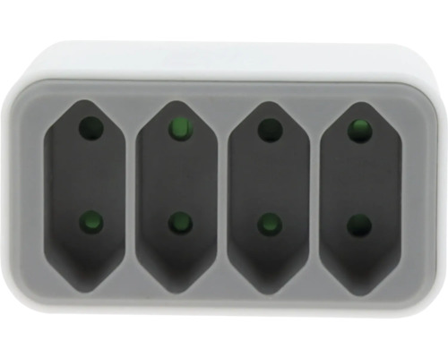 4-fach Steckdosenadapter, Typ J, grau und weiß, kompakt.