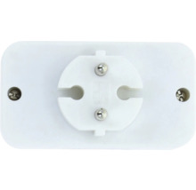 Schutzkontakt-Stecker mit flacher Basis aus weißem Kunststoff, zwei Metallstiften und seitlichen Schrauben.