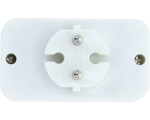 Schutzkontakt-Stecker mit flacher Basis aus weißem Kunststoff, zwei Metallstiften und seitlichen Schrauben.