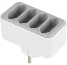 Mehrfachstecker mit vier Steckplätzen aus Kunststoff in Weiß und Grau.