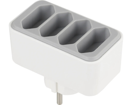 Mehrfachstecker mit vier Steckplätzen aus Kunststoff in Weiß und Grau.