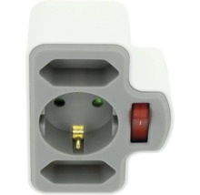 Weißer Steckdosenadapter mit einer Schutzkontakt-Steckdose, zwei Euro-Steckdosen und einem roten Ein-Aus-Schalter. Maximal 3680 Watt.