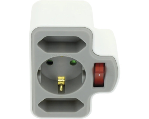 Weißer Steckdosenadapter mit einer Schutzkontakt-Steckdose, zwei Euro-Steckdosen und einem roten Ein-Aus-Schalter. Maximal 3680 Watt.