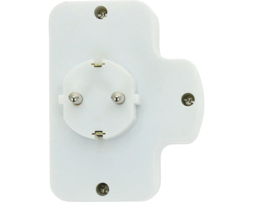Weißer Schutzkontakt Steckeradapter für die Steckdose.