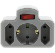 Dreifach-Steckdosenadapter mit Ein- und Ausschalter, eine Schutzkontakt-Steckdose und zwei Euro-Steckdosen.