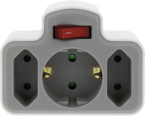 Dreifach-Steckdosenadapter mit Ein- und Ausschalter, eine Schutzkontakt-Steckdose und zwei Euro-Steckdosen.