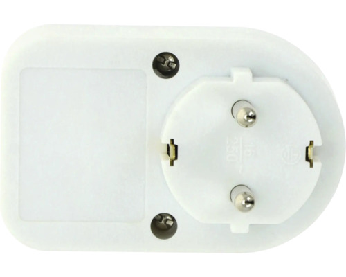 Weißer Schutzkontakt-Stecker aus Kunststoff mit zwei Metallstiften und Erdungsklammern.
