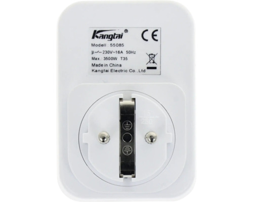 Rückseite eines Kangtai Zwischensteckers Modell 55085 mit technischen Daten wie 230 Volt und 16 Ampere, CE-Kennzeichnung und Entsorgungssymbol.