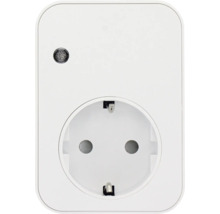 Weißer smarter Zwischenstecker mit Schutzkontakt-Steckdose und kleiner Kontrollleuchte oben links.