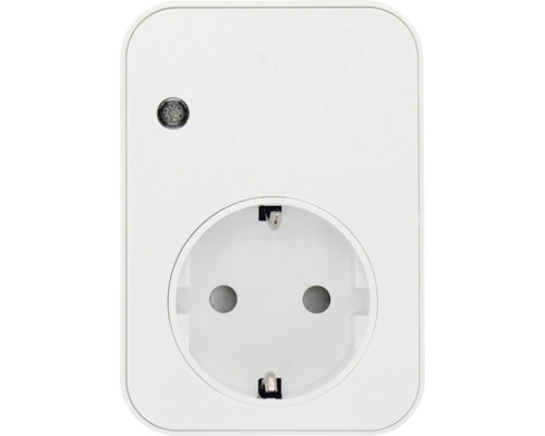 Weißer smarter Zwischenstecker mit Schutzkontakt-Steckdose und kleiner Kontrollleuchte oben links.