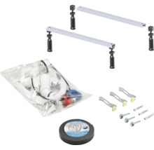 Komplettes Montageset für Badewannen inklusive höhenverstellbaren Wannenfüßen, Siphon, Dichtband, Befestigungswinkeln, Schrauben und Dübeln.