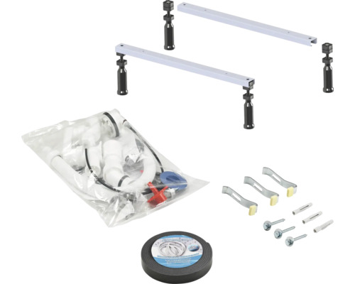 Komplettes Montageset für Badewannen inklusive höhenverstellbaren Wannenfüßen, Siphon, Dichtband, Befestigungswinkeln, Schrauben und Dübeln.