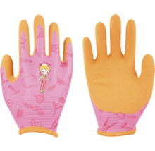 Kinder-Gartenhandschuhe in Pink und Orange mit Mädchen-Motiv und Mustern von Gartenwerkzeugen.