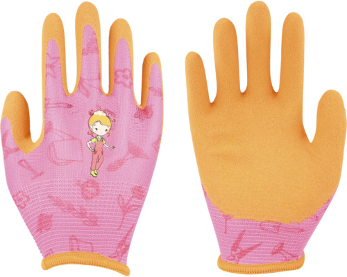 Kinder-Gartenhandschuhe in Pink und Orange mit Mädchen-Motiv und Mustern von Gartenwerkzeugen.
