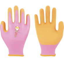 Kinder-Gartenhandschuhe in Rosa und Gelb aus gestricktem Textil mit beschichteten Handflächen und einem Mädchen-Motiv auf dem Handrücken.