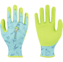 Kinder-Gartenhandschuhe mit Gartenmotiven und Jungen-Figur, Außenseite hellblau gemustert, Innenhand neongrün beschichtet.