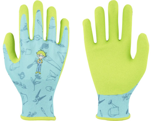 Kinder-Gartenhandschuhe mit Gartenmotiven und Jungen-Figur, Außenseite hellblau gemustert, Innenhand neongrün beschichtet.