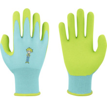 Hellblaue und lindgrüne Kinder-Gartenhandschuhe mit strukturierter Innenhand und einer Comicfigur auf dem Handrücken.