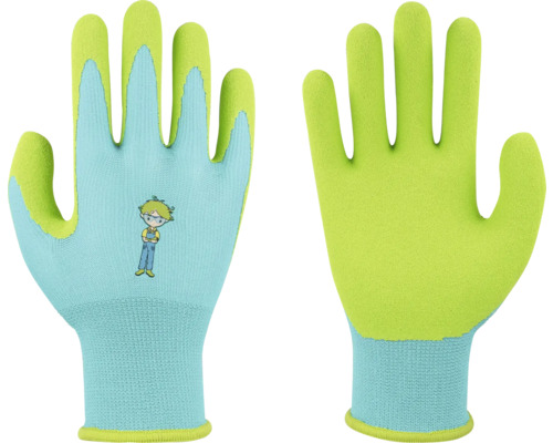 Hellblaue und lindgrüne Kinder-Gartenhandschuhe mit strukturierter Innenhand und einer Comicfigur auf dem Handrücken.