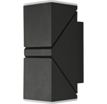 Schwarze Außenwandleuchte mit geometrischen Aussparungen.