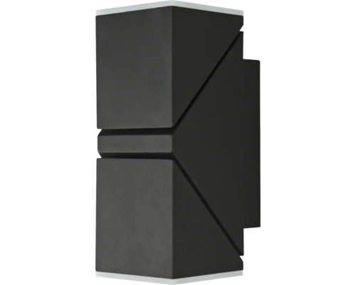 Schwarze Außenwandleuchte mit geometrischen Aussparungen.