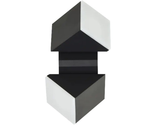 Moderne Wandleuchte mit geometrischem Würfeldesign, schwarz und weiß, Lichtaustritt nach oben und unten.